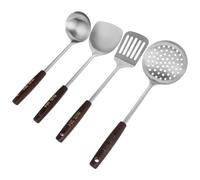 MOBUTOFU Utensilios de Cocina Espátula Multifunción de Acero Inoxidable Juego de 4 con Mango de Madera y Cucharón Largo y Escurrir Líquidos para Cocinar