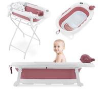 Moby-System Bañera Bebé Plegable con Termómetro LCD Incluye Inserto Soporte Alto y Bajo Vasito de Ballena - Compacta y Segura desde Recién Nacido - Rosa Empolvado