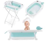 Moby-System Bañera Bebé Plegable con Termómetro LCD Incluye Inserto Soporte Alto y Bajo Vasito de Ballena - Compacta y Segura desde Recién Nacido - Menta