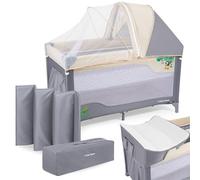 Moby-System Huxley - Cuna de Viaje para bebé con Cambiador, Dosel y mosquitera 0-36 m, Parque Infantil Plegable con Bolsa de Transporte incluida, Dos Niveles, Color Gris