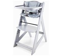 Moby-System Trona Creciente de Madera Maciza - Silla de Bebé para Comer con Altura Ajustable, Cómoda Bebé, Bandeja Desmontable, Asiento con Cinturón 3 Puntos y Cojines - Gris