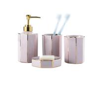 MOBYGKFY Juego de higiene for baño de cerámica Rosa y Dorado, Taza for Enjuague bucal, Botella desinfectante for Manos, Juego de Cuatro Piezas for baño de Hotel