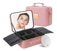 Mocado Bolsa de maquillaje de viaje con espejo iluminado LED, organizador de maquillaje de viaje, estuche de maquillaje con 3 ajustes de iluminación de colores y espejo de aumento de 10x,