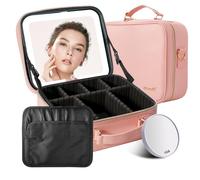 Mocado Bolsa de maquillaje de viaje con espejo LED, organizador de maquillaje, estuche de maquillaje con 3 ajustes de iluminación de colores y espejo de aumento de 10x, almacenamiento portátil y