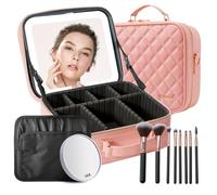 Mocado Bolsa de maquillaje de viaje con espejo LED, organizador de maquillaje, estuche de maquillaje con 3 ajustes de iluminación de colores y espejo de aumento de 10x, almacenamiento portátil y