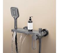 MocArt N502 - Grifo de baño de cobre completo con control de frío y calor, montaje en pared, ducha de mano con 3 niveles y salida de cascada, ideal para remodelación y modernización de baños (Gun Gray