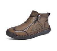 Mocasines altos para hombre, hechos a mano, de piel, impermeables, no deslizantes, ortopedicos, con cremallera lateral, de forro polar, para caminar al aire libre, caqui, 44 EU