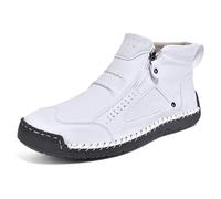 Mocasines altos para hombre, hechos a mano, de piel, impermeables, no deslizantes, ortopedicos, con cremallera lateral, de forro polar, para caminar al aire libre, Blanco, 39 EU