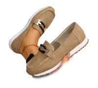 Mocasines Casuales con Suela Gruesa Y Parte Superior De Ante, Zapatos Ortopédicos Clásicos Y Cómodos De Ante para Mujer, Zapatos Planos Ligeros Sin Cordones para Caminar (Caqui,37)