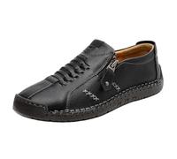 Mocasines casuales de piel sintética para hombre, con cremallera lateral, para caminar, con detalles tejidos, zapatos de uso diario, Black, 39 2/3 EU