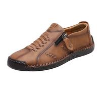 Mocasines casuales de piel sintética para hombre, con cremallera lateral, para caminar, con detalles tejidos, zapatos de uso diario, Brown, 36 2/3 EU