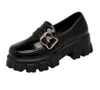 Mocasines con Plataforma y Cuña para Mujer Correa con Hebilla PU Punta Redonda para Desplazamientos Diarios y Estilo Business Casual Inspiración Retro Ajuste Cómodo,Negro,35 EU