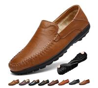 Mocasines de cuero para hombre, de ajuste ancho, planos, antideslizantes, para conducir, impermeables, para senderismo, zapatos casuales, Forro polar marrón, 0 UK