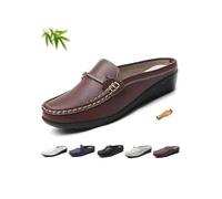 Mocasines de cuero para mujer, informales, sin espalda, para mujer, con puntera cerrada, zapatos de cuña de ajuste ancho, zuecos de piel auténtica suave, sandalias casuales de negocios, café, 34 EU