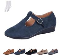 Mocasines de cuña de gamuza sintética para mujer, estilo casual, elegante, zapatos Mary Janes, ligeros y cómodos, elegantes, de tacón bajo, para negocios, oficina, trabajo, azul marino, 0 UK
