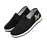 Mocasines de lona vintage para hombre, zapatos clásicos bordados de caballo, zapatos planos transpirables para conducir Tai Chi y caminar diariamente, Black, 39 2/3 EU