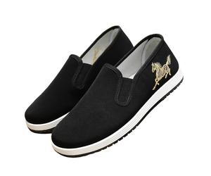 Mocasines de lona vintage para hombre, zapatos clásicos bordados de caballo, zapatos planos transpirables para conducir Tai Chi y caminar diariamente, Black, 39 1/3 EU