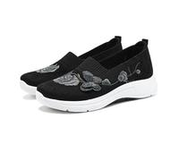 Mocasines de punto elegantes con bordado floral para mujer, ligeros, sin cordones, cómodos zapatos planos de malla para el jardín, viajes y viajes, Black, 38 EU
