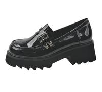 Mocasines de Tacón Bloque Grueso Mujer Piel de Oveja Auténtica Ajuste Ancho Slip On Punta Redonda Confort Zapatos de Tacón para Oficina y Uso Diario,Black(Thin),43 EU