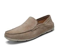 Mocasines para hombre con puntera redonda, de gamuza, delantal, flexibles, antideslizantes, tacón plano, para baile de graduación, Khaki, 43 1/3 EU