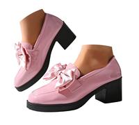 Mocasines planos para mujer, mocasines brillantes, con tacones gruesos y dedos redondos, mocasines modernos con lazo de tacones altos, zapatos informales, zapatos planos, cómodos, Rosa., 40 EU