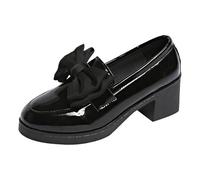 Mocasines planos para mujer, mocasines brillantes, con tacones gruesos y dedos redondos, mocasines modernos con lazo de tacones altos, zapatos informales, zapatos planos, cómodos, Negro , 40.5 EU