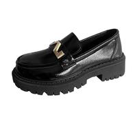 Mocasines planos para mujer, mocasines lisos, brillantes, de piel retro, con fondo grueso, grandes para el tiempo libre, zapatos individuales, mocasines, zapatos cómodos, planos, Negro , 39 EU