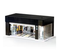 MOCBURIKU Vitrina fundida a escala 1/64 para almacenamiento de ruedas calientes con luces LED, garaje eléctrico apilable con control de voz, 3 escenas 3D reemplazables, diorama de estacionamiento para