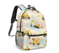 Mochila amarilla con estampado de camiones de construcción de 16 pulgadas, vehículos de dibujos animados que repiten patrón de construcción, construcción de cono, ilustración, 04., L, Casual