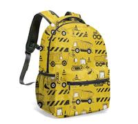 Mochila amarilla con estampado de camiones de construcción de 16 pulgadas, vehículos de dibujos animados que repiten patrón de construcción, construcción de cono, ilustración, 01., L, Casual