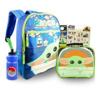 Mochila Baby Yoda con lonchera - Paquete con mochila Mandalorian de 16 pulgadas, bolsa de almuerzo de Star Wars, calcomanías, botella de agua, más | Mochila escolar Baby Yoda para niños y niños