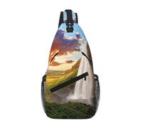 Mochila bandolera ligera de Islandia con estampado de cascada, río, campo, puesta de sol, para el pecho y el hombro, mochila casual para hombre