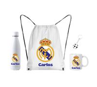Mochila + Botella termo 700ML + taza 350ML + llavero - (LEER DESCRPCIÓN) Escudo del Real Madrid + nombre. Regalo para hombre o mujer