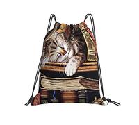 Mochila con Cordón 36x42cm, Gato Durmiendo En Los Libros Saco De Gimnasio Adolescentes Cómodo Escuela Mochila, para Compras, Playa, Acampada