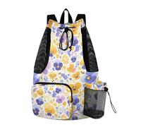 Mochila con cordón, bolsa de campamento de verano con bolsillo para botella de agua, mochila de cuerda, separación seca y húmeda, naranja, morado, pensamientos, flores