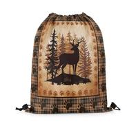 Mochila con Cordón Ciervos Salvajes, Pinos, Lindo Animal, Huella De Pata, Cuadrícula Retro, Estilo Rústico De Granja Mochila Cuerdas Sport Gym Bag Práctico Bolsas De Cuerdas S
