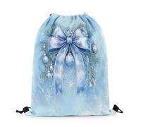 Mochila con Cordón Decoración Navideña con Lazo Teñido Anudado Azul 3D Y Hojas Botánicas con Degradado De Nieve Invernal Gym Bag Casual Mochila Cuerdas Sport Bolsas De Cuerdas S