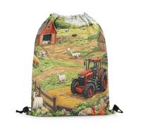 Mochila con Cordón Dibujos Animados De Granja De Pueblo, Linda Oveja, Vaca, Animal para Tractor Rojo, Granero Retro, Casa De Campo, Estilo Rústico Mochila Cuerdas Gym Bag Bolsas De Cuerdas