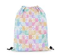Mochila con Cordón Dibujos Animados Dibujados A Mano con Cuadrícula A Cuadros De Ensueño Y Flores De Arcoíris En Colores Pastel Gym Bag Casual Mochila Cuerdas Práctico Bolsas De Cuerdas M