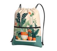 Mochila con cordón - Diseño de dibujos animados de plantas verdes pequeñas, saco de gimnasio ligero para deportes, yoga, viajes, senderismo y camping