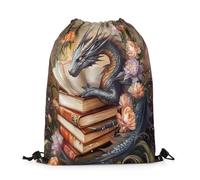 Mochila con Cordón Dragón Salvaje, Libro De Lectura sobre Dragones, Flores Y Hojas En Bolsas De Cuerdas Cómodo Gym Bag Sport Mochila Cuerdas para Escolar Compras Viajes 36X42CM