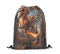 Mochila con Cordón Dragón Volador, Castillo De Mediados De Siglo, Llama Ardiente Bolsas De Cuerdas Sport Gym Bag Talla Única Mochila Cuerdas para Senderismo Compras Gimnasio