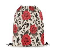 Mochila con Cordón Estampado De Leopardo, Acuarela, Flores Rojas, Marrón Y Negro, Retro, Piel De Vida Silvestre Bolsas De Cuerdas Unisex Mochila Cuerdas Casual Gym Bag para Viajes Compras