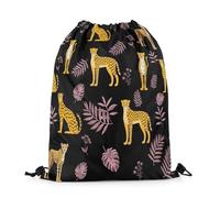 Mochila con Cordón Guepardo De Dibujos Animados, Acuarela, Hojas De Palmera Tropicales, Lindo Leopardo Gym Bag Impresión Motivo Mochila Cuerdas Unisex Bolsas De Cuerdas M
