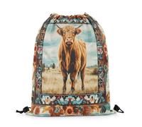 Mochila con Cordón Highland Cow Western Farmhouse Ethnic Tribes Rustic Farm Country Vintage Wild Animals Mochila Cuerdas Casual Gym Bag Unisex Bolsa con Cordón para Escuela Viaje Compras 36X42CM