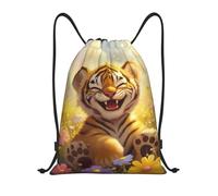 Mochila con Cordón, Lindo Cachorro de Tigre en un Campo de Flores Bolsas de Cuerdas Ajustable Cómodos Bolsa de Deporte para Viaje Adulto Acampada 36X42cm