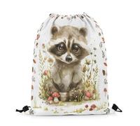 Mochila con Cordón Lindo Mapache De Dibujos Animados, Hongo Rojo, Hojas Verdes, Acuarela, Animal Encantador, Estilo Rústico Gym Bag Casual Mochila Cuerdas Unisex Bolsas De Cuerdas para Compras