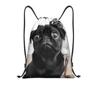 Mochila con Cordón Lindo Perro Pug Negro Saco De Gimnasio Ajustable Impermeable Deporte Mochila, para Estudiantes, Compras, Acampada, 36x42cm