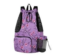 Mochila con cordón para mujeres y hombres, bolsa de gimnasio deportiva con bolsillo para botella de agua, separación húmeda y seca, vintage, melocotón, flor de cerezo, morado