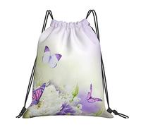 Mochila con cordón Púrpura Flor blanca Mariposa Cadena de primavera Bolsa de gimnasio Pull Cinch Sackpack para hombres Mujeres Deporte Yoga Viajes Natación